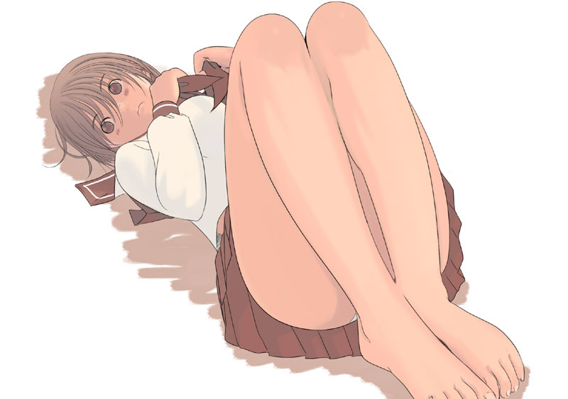 kiriman (souldeep), original, 1girl, adjusting clothes, barefoot, female focus, legs, lying, panties, pantyshot, school uniform, serafuku, solo, underwear