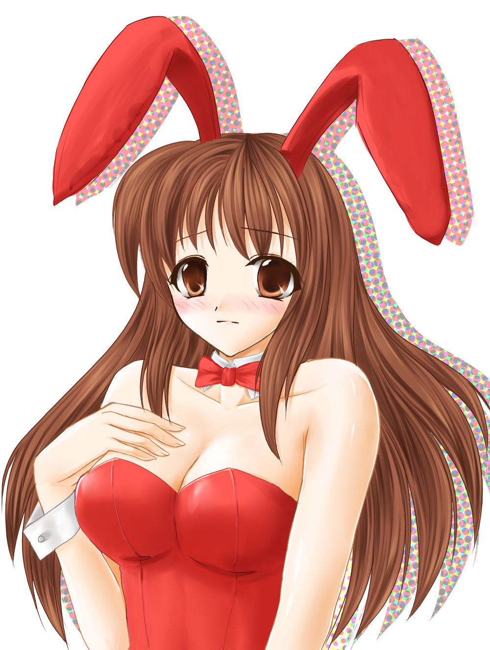 ryuushou, asahina mikuru, suzumiya haruhi no yuuutsu, highres, 00s, 1girl, animal ears, breasts, fake animal ears, female focus, hand on own chest, large breasts, leotard, playboy bunny, rabbit ears, solo, upper body