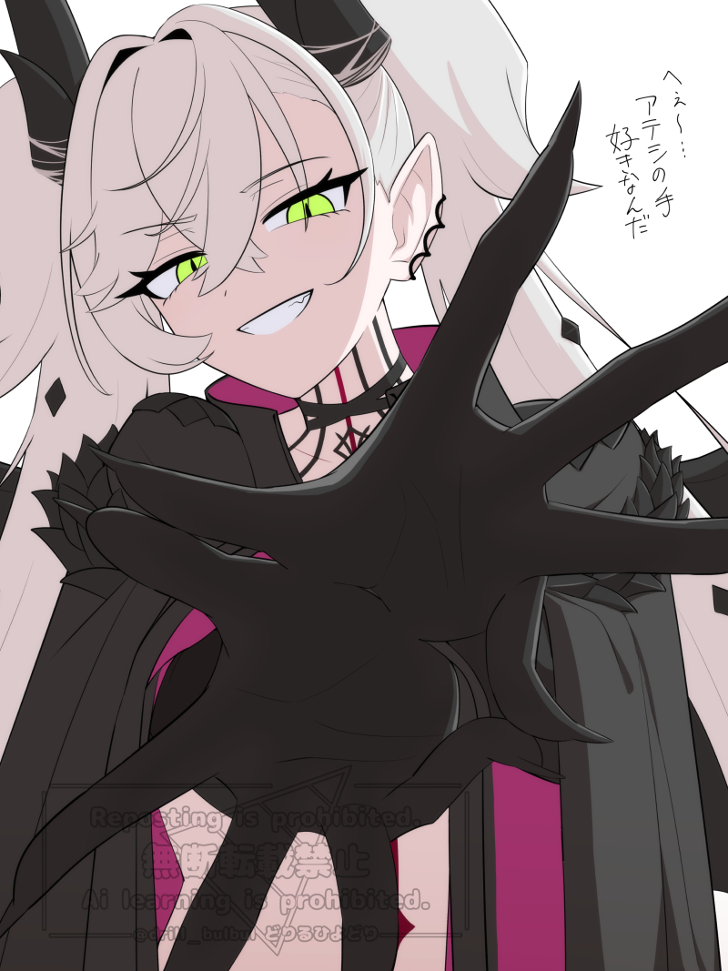 drill bulbul, lilith (fate), lilith (second ascension) (fate), fate/grand order, fate (series), 1girl, black cloak, black hands, body markings, breasts, chest tattoo, choker, cloak, colored extremities, crossed bangs, demon girl, demon horns, demon wings, ear piercing, earrings, flower hands, green eyes, grey hair, hair between eyes, horns, jewelry, long hair, looking at viewer, medium breasts, neck tattoo, open clothes, piercing, pointy ears, single earring, smile, solo, tattoo, twintails, very long hair, watermark, wings