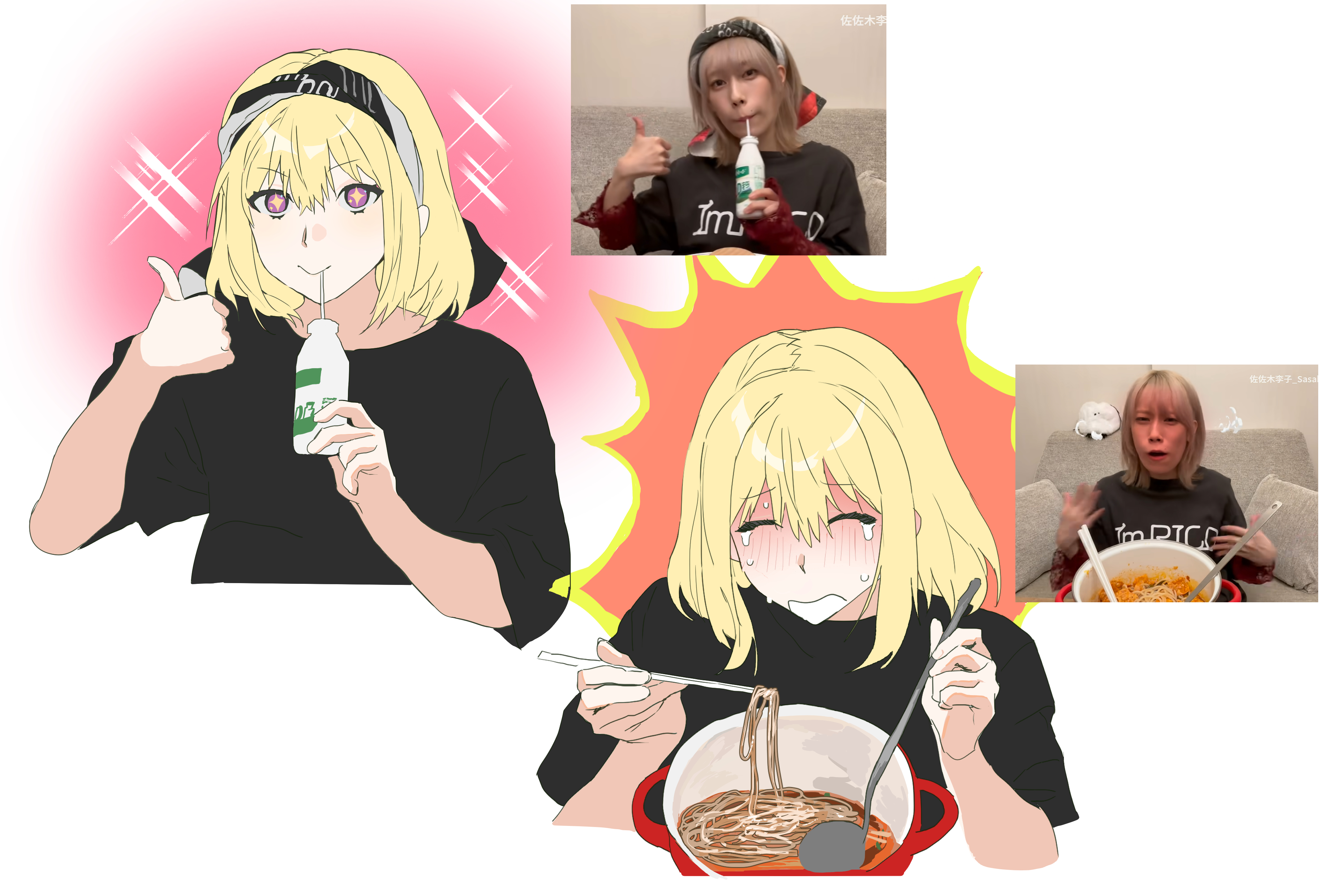rainbow hose, misumi uika, bang dream!, bang dream! it's mygo!!!!!, absurdres, commentary, highres, symbol-only commentary, 1girl, black shirt, blonde hair, crying, food, hairband, medium hair, noodles, purple eyes, ramen, reference inset, sasaki rico (voice actor), shirt, short sleeves, simple background, star-shaped pupils, star (symbol), symbol-shaped pupils, thumbs up, voice actor, voice actor connection, white background