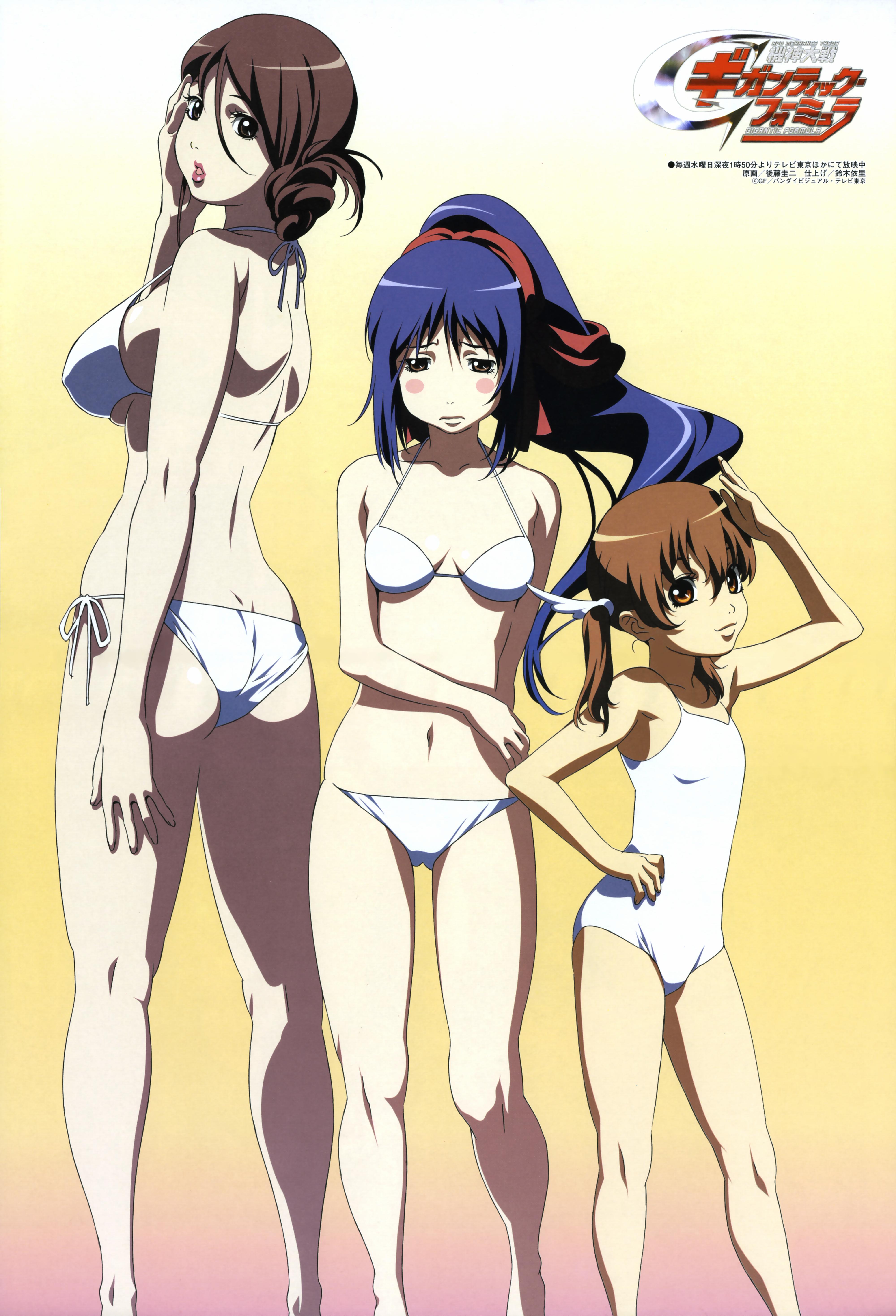 gotou keiji, amano utsumi, kamishiro mana, lee chau yan, kishin taisen gigantic formula, megami magazine, absurdres, highres, scan, 00s, 3girls, age difference, ass, back, bikini, black eyes, blue hair, blush, breasts, brown eyes, brown hair, flat chest, hair up, large breasts, lipstick, long hair, looking back, makeup, multiple girls, one-piece swimsuit, ponytail, salute, side-tie bikini bottom, swimsuit, twintails, white bikini, white one-piece swimsuit
