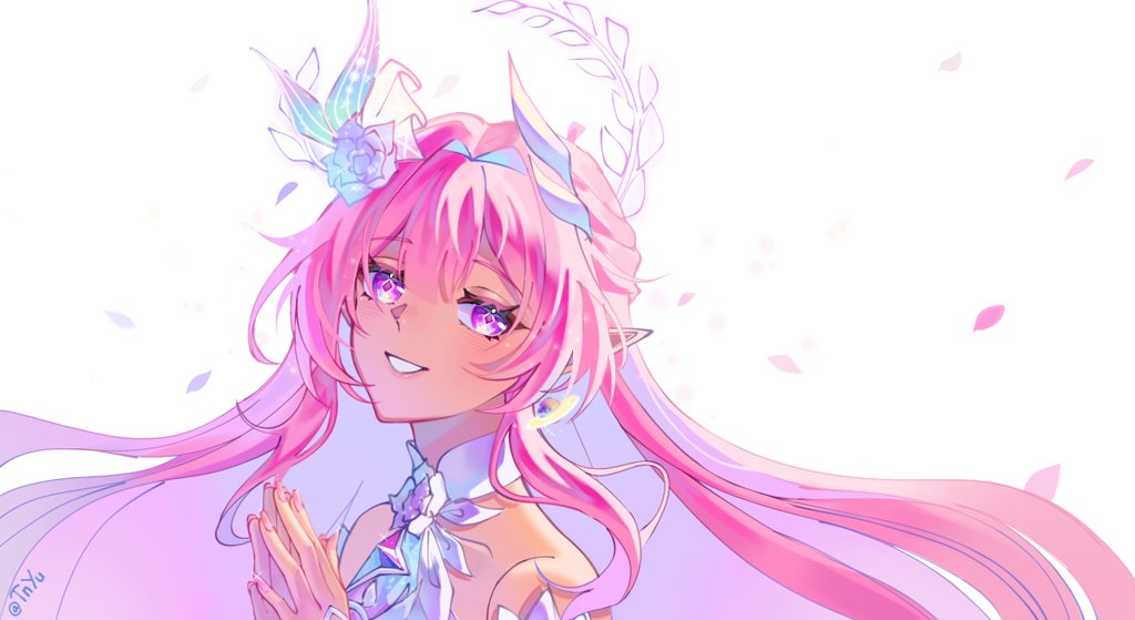 tnyuu911, cyrene (honkai: star rail), cyrene (ripples of past reverie) (honkai: star rail), honkai: star rail, honkai (series), hashtag-only commentary, 1girl, bare shoulders, diamond-shaped pupils, diamond (shape), dress, falling petals, flower, from side, hair flower, hair ornament, halo, long hair, looking at viewer, parted lips, petals, pink hair, pointy ears, purple eyes, smile, solo, symbol-shaped pupils, twitter username, very long hair, white dress