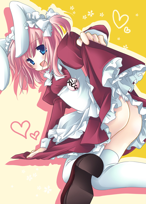 natsume eri, 1girl, animal ears, ass, blue eyes, blush, bow, clothes lift, curtsey, dress, dress lift, female focus, hair bow, maid, no panties, open mouth, pink hair, rabbit ears, ribbon, skirt, skirt lift, solo, thighhighs, white thighhighs