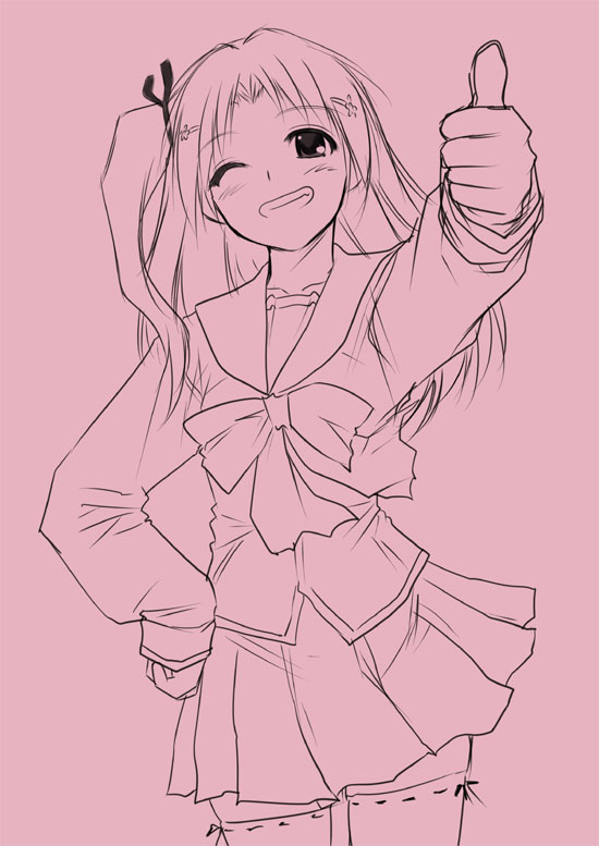 sakaki imasato, maaryan (to heart), to heart (series), to heart 2, 00s, 1girl, female focus, grin, hand on own hip, monochrome, one eye closed, pink theme, school uniform, serafuku, skirt, smile, solo, thighhighs, thumbs up