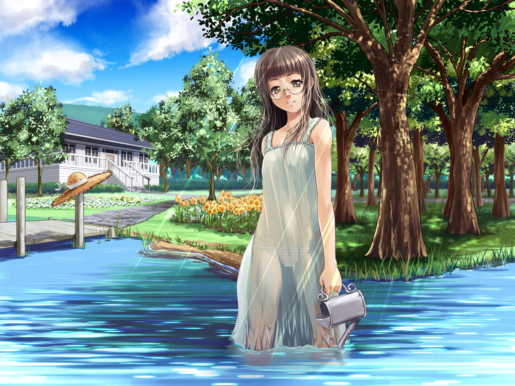 asaki takayuki, original, 1girl, dress, female focus, flower, glasses, hat, light rays, nature, panties, river, scenery, see-through clothes, solo, striped clothes, striped panties, sunbeam, sunflower, sunlight, tree, underwear, unworn hat, unworn headwear, wading, water, wet, wet clothes