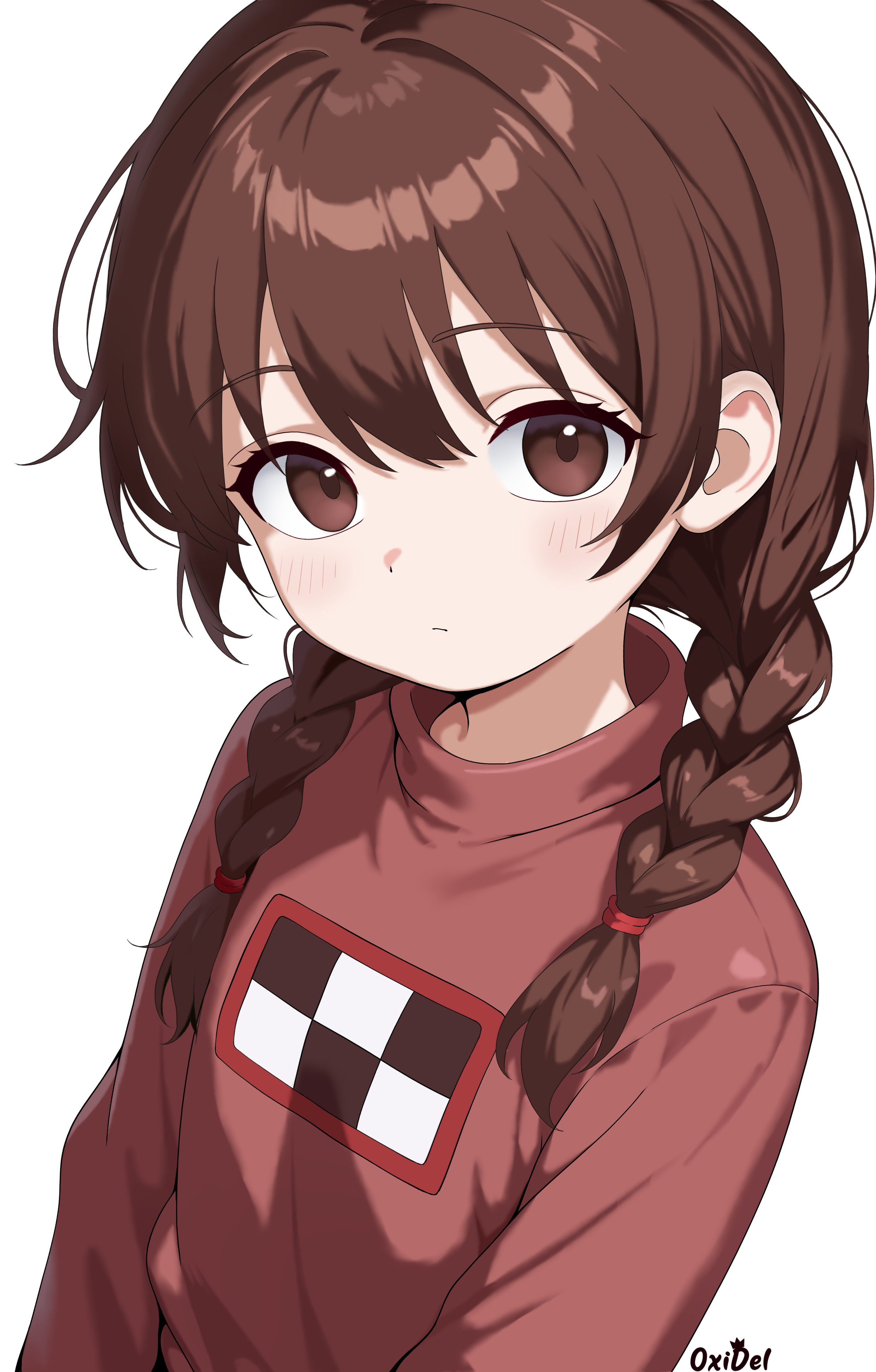 oxidel, madotsuki, yume nikki, absurdres, commentary, english commentary, highres, 1girl, artist name, braid, brown eyes, brown hair, closed mouth, expressionless, hair intakes, hair ornament, hair scrunchie, long sleeves, looking at viewer, low twin braids, medium hair, red sweater, scrunchie, sidelocks, simple background, solo, sweater, twin braids, upper body, white background