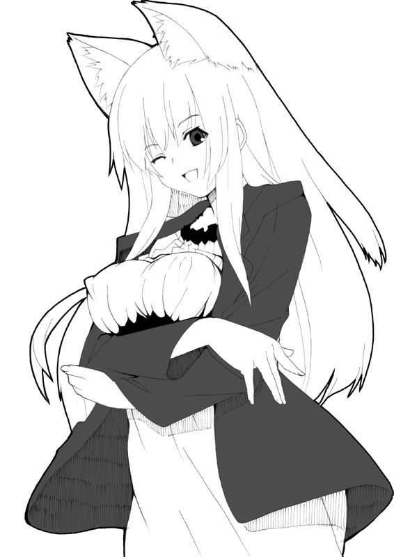 date (senpen), tenko kuugen, wagaya no oinari-sama, 00s, 1girl, animal ears, breasts, breasts squeezed together, covered erect nipples, female focus, fox ears, greyscale, medium breasts, monochrome, solo