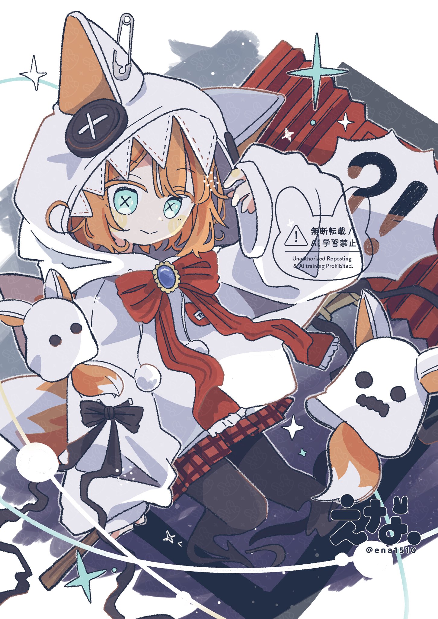 ena 1510, original, commentary request, highres, 1girl, animal hood, artist name, black pantyhose, blue eyes, blush stickers, bow, bowtie, cat hood, closed mouth, full body, hand up, hood, hood up, hoodie, long sleeves, looking at viewer, orange hair, pantyhose, plaid clothes, plaid skirt, red bow, red bowtie, red skirt, short hair, skirt, solo, split mouth, symbol-shaped pupils, twitter username, watermark, white hoodie, wide sleeves, x-shaped pupils