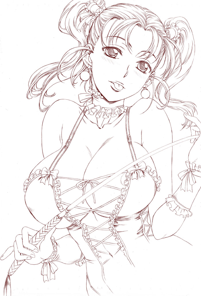 hanzaki jirou, jessica albert, dragon quest, dragon quest viii, square enix, 1girl, breasts, choker, cleavage, corset, female focus, huge breasts, looking at viewer, monochrome, riding crop, simple background, solo, tongue, twintails, white background
