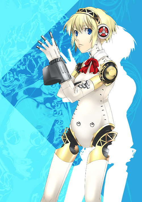 mizuki makoto, aigis (persona), atlus, persona, persona 3, 1girl, android, blonde hair, blue eyes, bow, bowtie, cowboy shot, female focus, headphones, joints, machinery, red bow, red bowtie, robot joints, short hair, silhouette, solo, standing