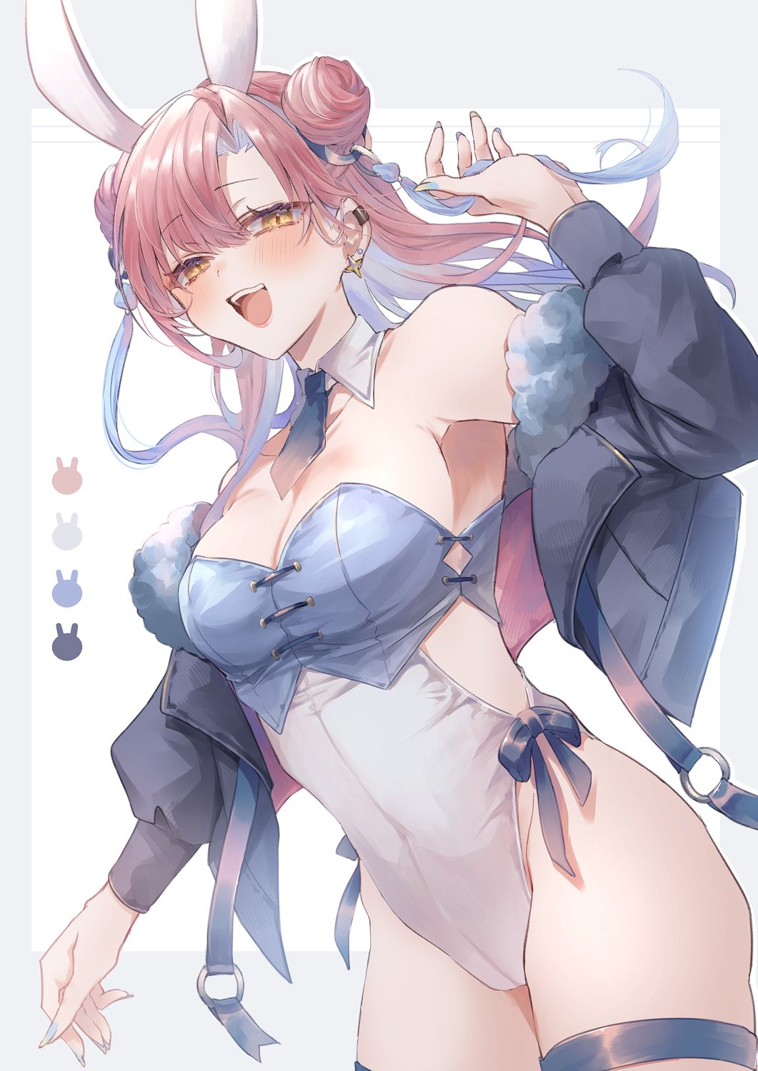 shikino yuki, original, commentary request, highres, 1girl, :d, animal ears, bare shoulders, black jacket, blue necktie, blush, breasts, covered navel, detached collar, double bun, earrings, fake animal ears, fur-trimmed jacket, fur trim, hair bun, hand up, jacket, jewelry, leotard, long hair, long sleeves, looking at viewer, medium breasts, necktie, o-ring, off shoulder, open mouth, pink hair, playboy bunny, rabbit ears, smile, solo, strapless, strapless leotard, teeth, thigh strap, upper teeth only, white leotard, yellow eyes