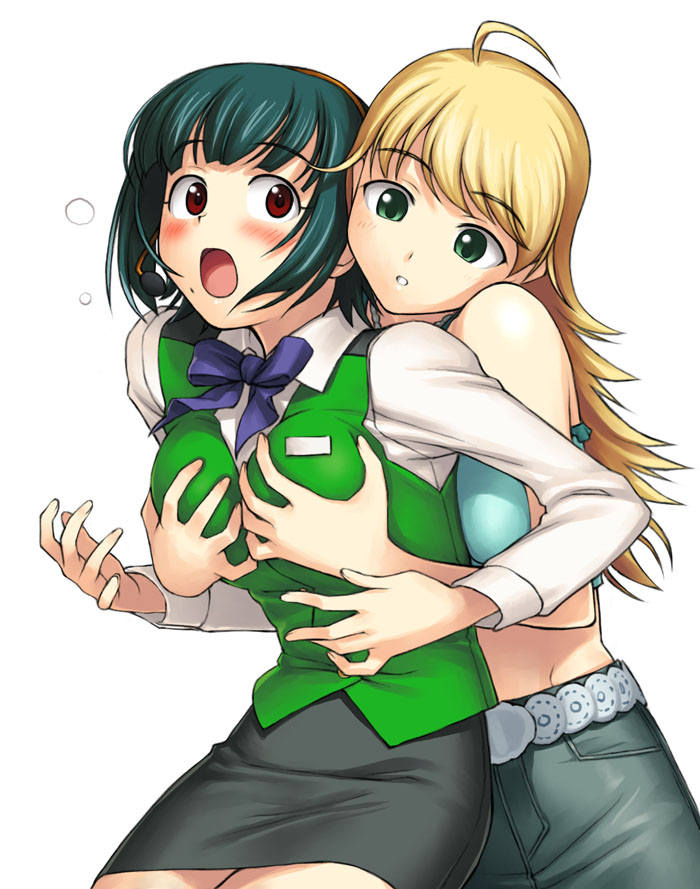 tanaka shoutarou, hoshii miki, otonashi kotori, idolmaster, idolmaster (classic), idolmaster 1, 00s, 2girls, :o, ahoge, aqua hair, bare shoulders, belt, black skirt, blonde hair, blush, bow, bowtie, breast press, breasts, camisole, casual, collared shirt, cowboy shot, crop top, denim, dress shirt, female focus, flipped hair, from behind, from side, grabbing another's breast, grabbing from behind, green eyes, green hair, groping, hairband, head tilt, large breasts, long hair, long sleeves, looking at breasts, looking at viewer, looking down, microphone, midriff, moaning, mole, mole under mouth, multiple girls, name tag, office lady, parted lips, pencil skirt, red eyes, ribbon, shirt, short hair, simple background, skirt, surprised, surprised arms, tank top, vest, white background, wide-eyed, yuri