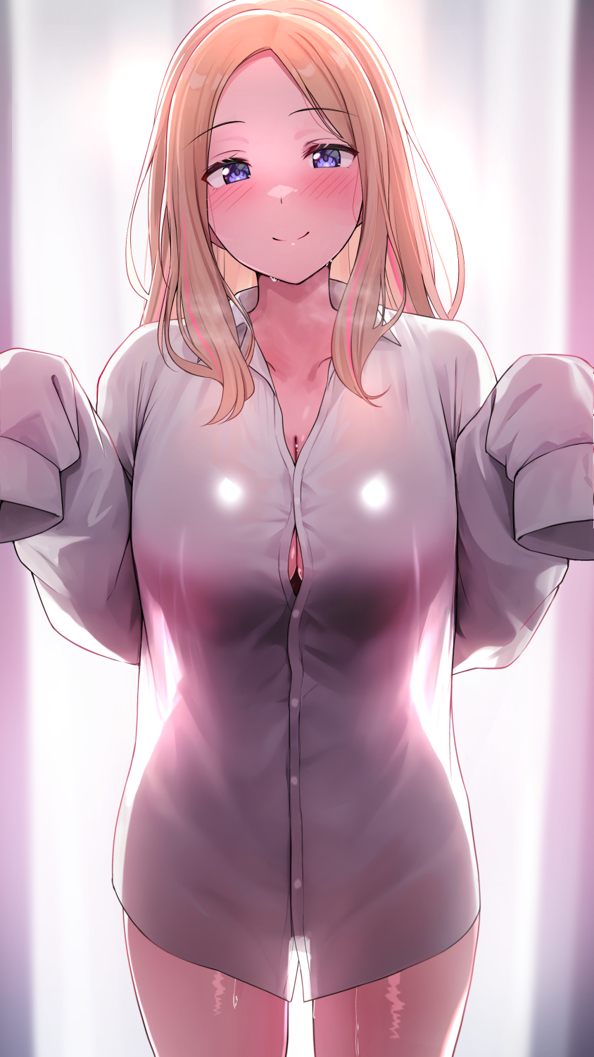 shiitake taishi, juo sena, gakuen idolmaster, idolmaster, commentary request, highres, 1girl, blonde hair, blush, breasts, closed mouth, cowboy shot, large breasts, long hair, long sleeves, looking at viewer, shirt, sleeves past fingers, sleeves past wrists, smile, solo, standing, white shirt
