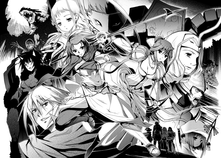 hanpera, fur, 6+boys, 6+girls, age difference, animal ears, armor, armored boots, belt, boots, breastplate, breasts, cape, circlet, cleavage, cleavage cutout, clothing cutout, dragon, fangs, fantasy, greyscale, halberd, hat, helmet, large breasts, lipstick, looking to the side, makeup, mask, monochrome, multiple boys, multiple girls, parted lips, polearm, puffy sleeves, short hair, shouting, smile, weapon