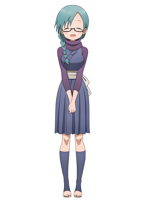okuda yousuke, mizubashou (kunoichi tsubaki no mune no uchi), kunoichi tsubaki no mune no uchi, official art, 1girl, ^ ^, anime coloring, black-framed eyewear, blue kimono, blue sky, blush, braid, braided ponytail, breasts, closed eyes, full body, glasses, green hair, japanese clothes, kimono, kimono skirt, large breasts, long hair, long sleeves, looking at viewer, ninja, obi, open mouth, pleated skirt, purple scarf, sash, scarf, semi-rimless eyewear, simple background, single braid, skirt, sky, smile, solo, standing, tachi-e, toeless legwear, transparent background, under-rim eyewear, white sash