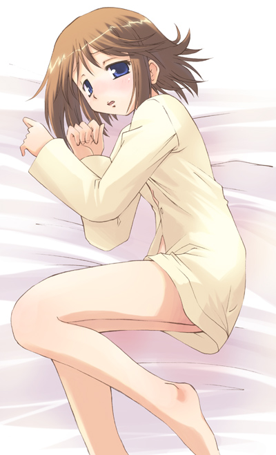 shiokonbu project, komaki manaka, to heart (series), to heart 2, 00s, 1girl, bottomless, dress shirt, female focus, folded ponytail, shirt, sleepy, solo
