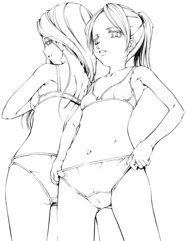 kyoutarou, suzuki kyoutarou, original, 2girls, bra, greyscale, lingerie, monochrome, multiple girls, panties, underwear, underwear only