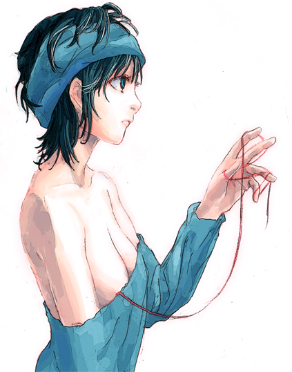 juuka@100neko, original, looking away, md5 mismatch, 1girl, bare shoulders, black hair, blue eyes, breasts, expressionless, female focus, lips, profile, reaching, short hair, simple background, solo, string, string of fate, upper body