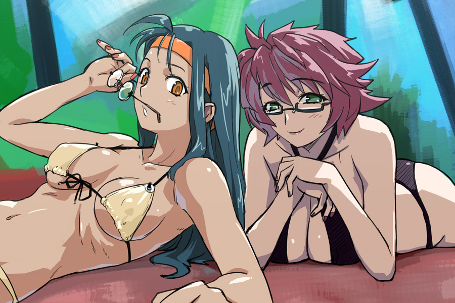 michael f91, original, 2girls, aqua hair, bikini, breasts, cleavage, dark-skinned female, dark skin, glasses, green eyes, headband, large breasts, lying, multiple girls, orange eyes, red hair, swimsuit, tan