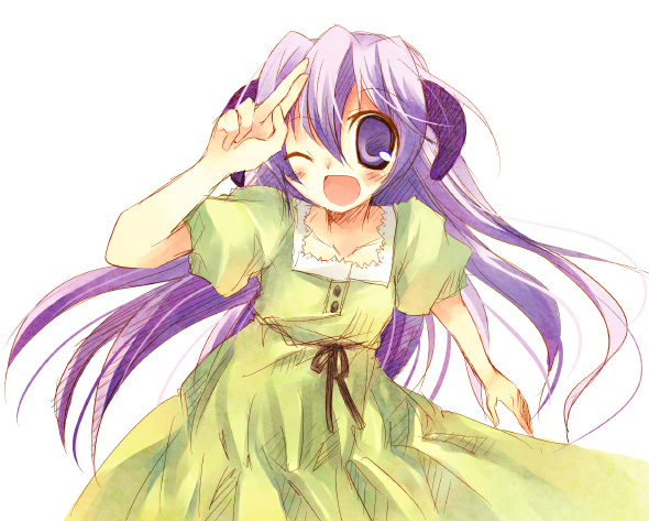 suzushiro kurumi, hanyuu, higurashi no naku koro ni, light purple hair, 00s, 1girl, alternate costume, blush, dress, female focus, floating hair, horns, long hair, looking at viewer, one eye closed, salute, simple background, smile, solo, two-finger salute, very long hair