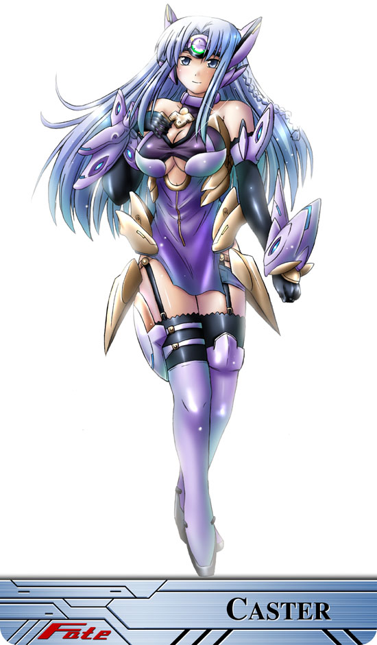 steed (steed enterprise), kos-mos, kos-mos ver. 4, medea (caster) (fate), medea (fate), fate/stay night, fate (series), xenosaga, xenosaga episode iii, 1girl, character name, cosplay, female focus, kos-mos (cosplay), look-alike, simple background, solo, thighhighs