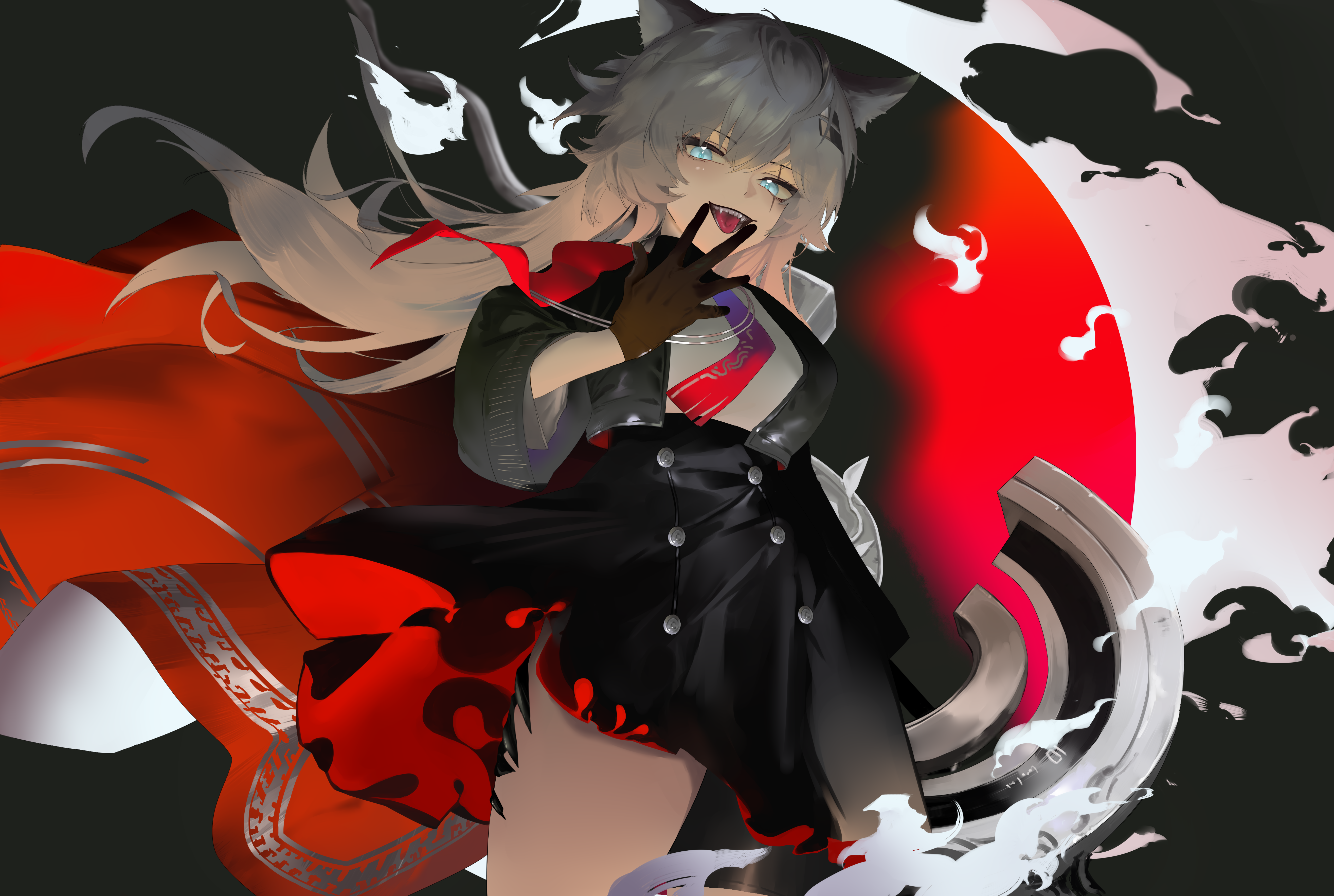 xiaobei, lappland (arknights), lappland the decadenza (arknights), arknights, absurdres, chinese commentary, commentary request, highres, 1girl, animal ears, black skirt, blue eyes, bolo tie, brown gloves, cape, covering own mouth, cowboy shot, floating hair, gloves, grey hair, hair between eyes, hair ornament, hairclip, hand over own mouth, long hair, looking at viewer, magic, material growth, open mouth, oripathy lesion (arknights), red cape, red skirt, scar, scar across eye, scar on face, skirt, solo, standing, teeth, tongue, two-sided fabric, two-sided skirt, wolf ears, wolf girl