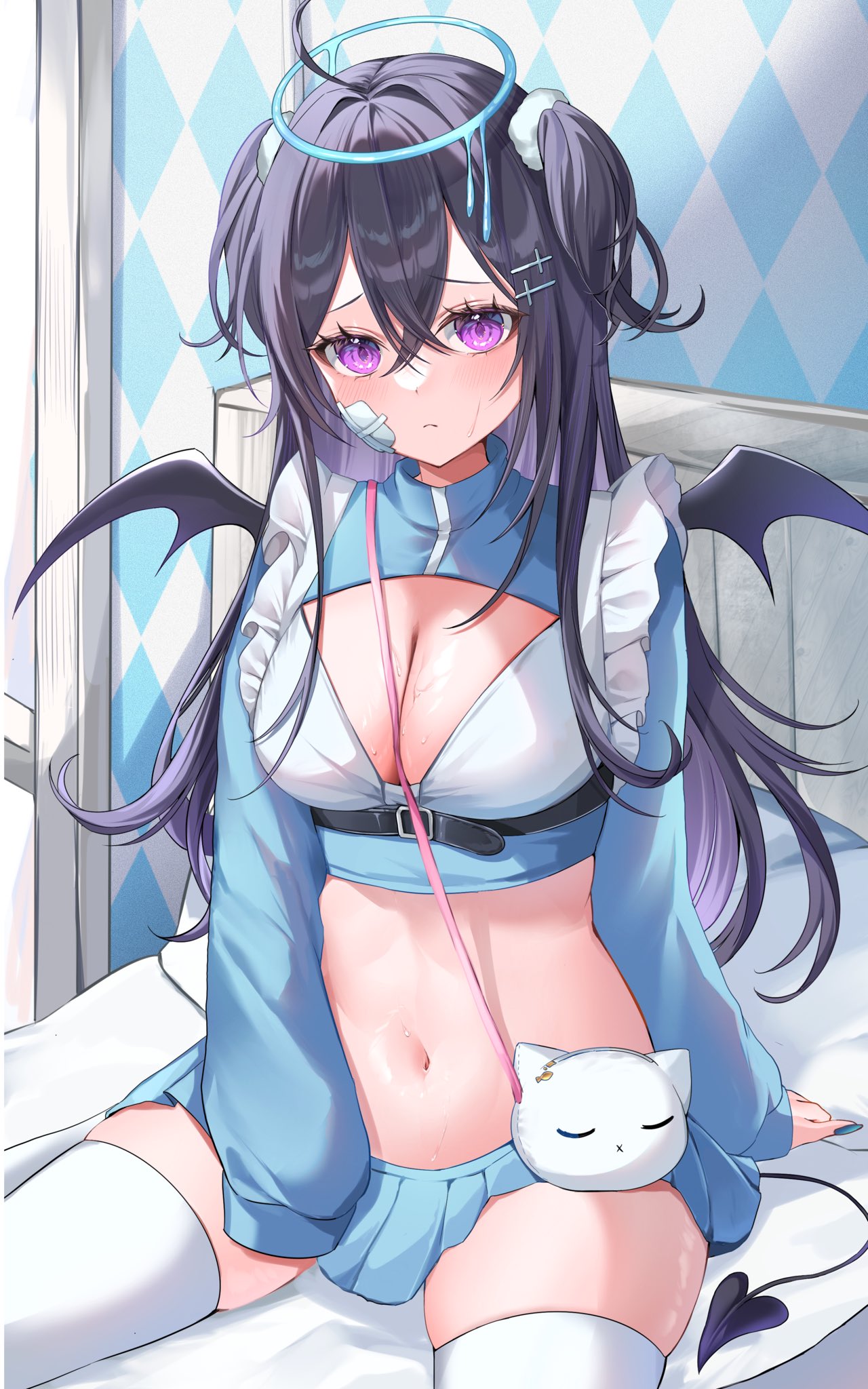 ngmon v, ichinose uruha, vspo!, highres, 1girl, black hair, blue skirt, blush, breasts, cleavage, closed mouth, crossed bangs, demon tail, demon wings, hair between eyes, halo, indoors, large breasts, long hair, looking at viewer, navel, on bed, purple eyes, skirt, stomach, tail, thighhighs, two side up, virtual youtuber, white thighhighs, wings