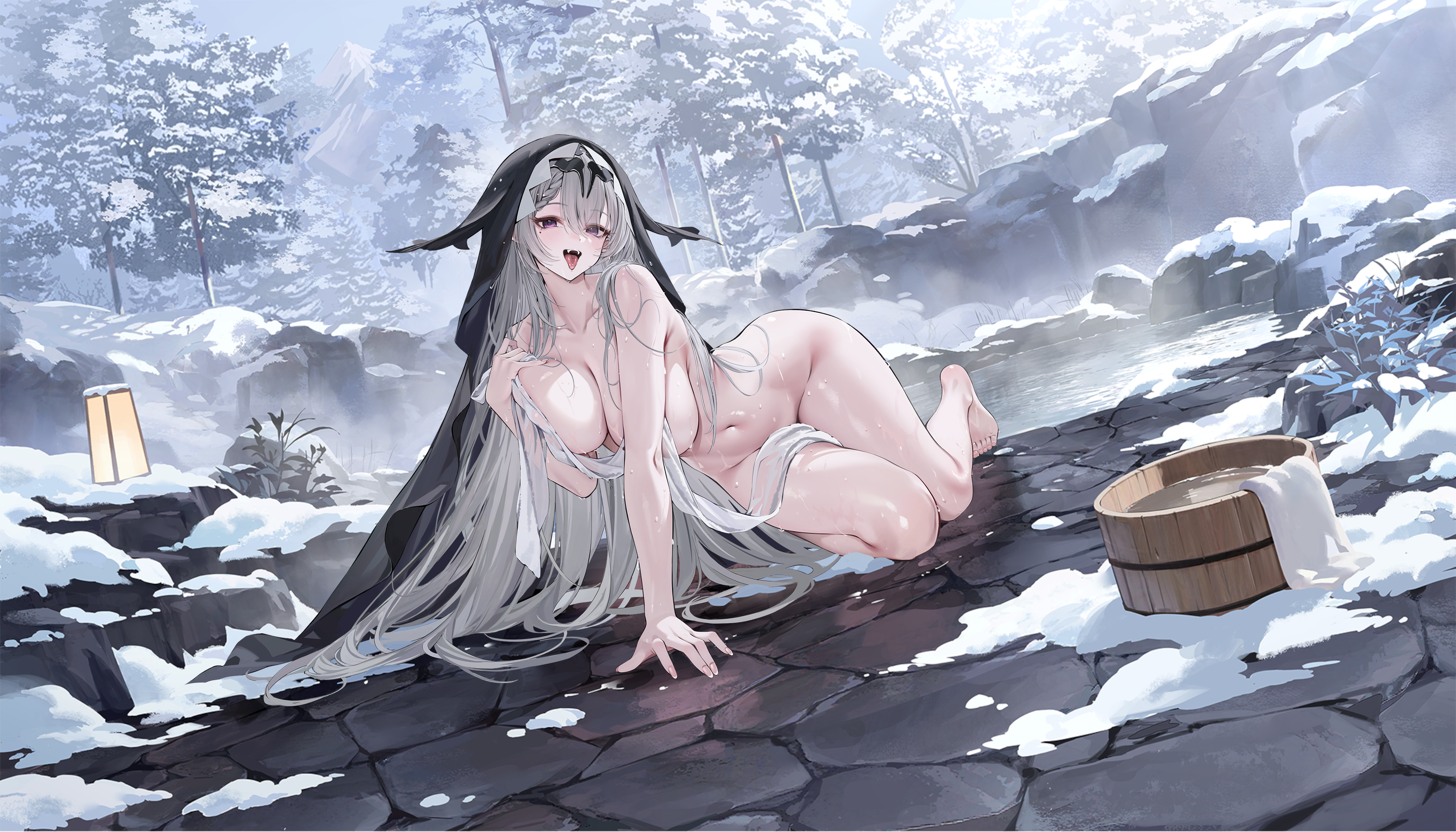 duguay-trouin (azur lane), duguay-trouin (covetous bathgoer) (azur lane), azur lane, absurdres, artist request, highres, non-web source, official art, 1girl, :q, black veil, braid, breasts, bucket, collarbone, fangs, grey hair, groin, hair spread out, heart, heart-shaped pupils, large breasts, licking lips, long hair, looking at viewer, mole, mole under eye, naked towel, navel, nude, nun, official alternate costume, onsen, open mouth, outdoors, piercing, purple eyes, snow, solo, stomach, symbol-shaped pupils, tongue, tongue out, tongue piercing, towel, tree, veil, very long hair, water, wet towel