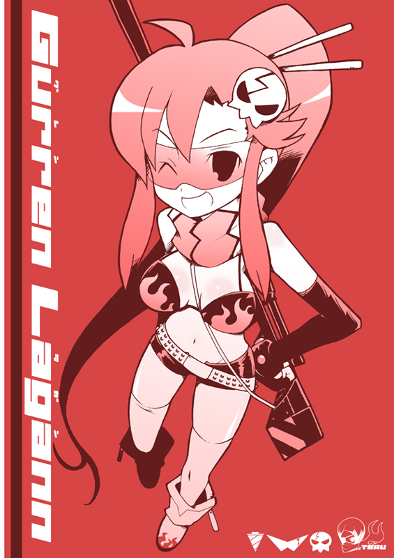 imaizumi teruhiko, yoko littner, tengen toppa gurren lagann, 00s, anti-materiel rifle, bikini, bikini top only, copyright name, gun, high ponytail, long hair, ponytail, red theme, rifle, sniper rifle, solo, swimsuit, thighhighs, triangular eyewear, very long hair, weapon