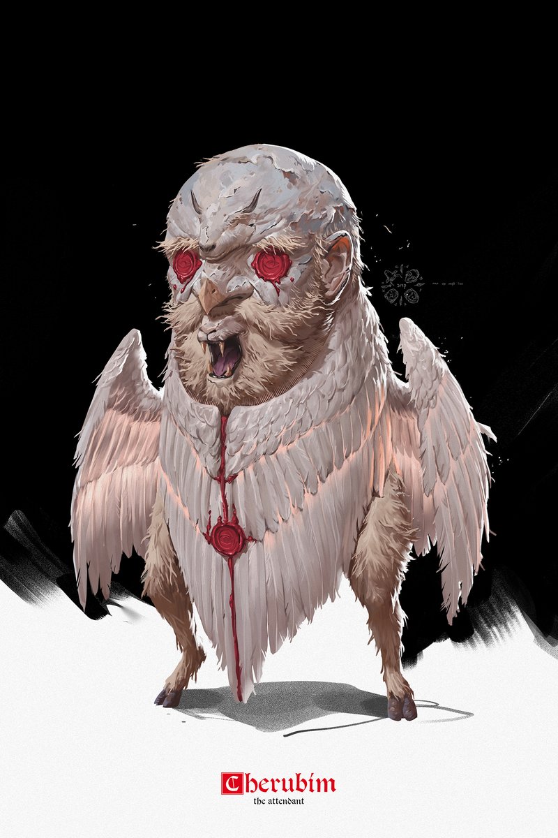 patrick ganas, original, commentary, english commentary, highres, beak, beard, bird, character name, creature, facial hair, fangs, full beard, full body, open mouth, solo, wax seal, wings