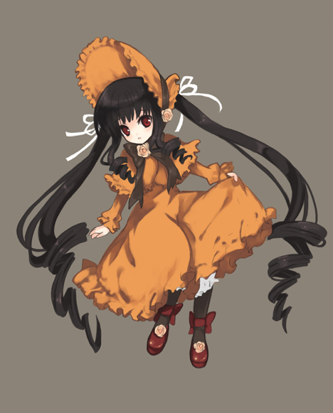 shiratama shima, shinku, rozen maiden, 00s, 1girl, :o, alternate color, black hair, black pantyhose, bonnet, brown background, capelet, dress, drill hair, female focus, flower, full body, lolita fashion, long hair, long sleeves, orange capelet, orange dress, pantyhose, pink flower, pink rose, red eyes, red shoes, rose, shoes, sidelocks, simple background, skirt hold, solo, twin drills, twintails, very long hair