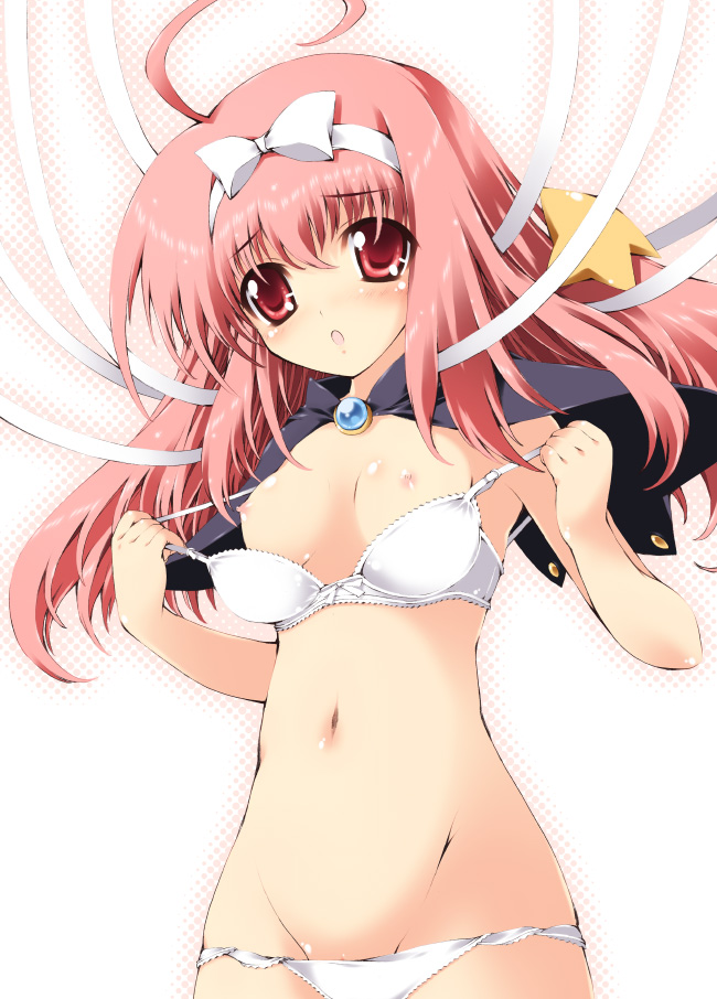 mitsuki mantarou, endou ifrina, figu@mate, 1girl, ahoge, blush, bra, breasts, female focus, lingerie, long hair, nipples, panties, panty pull, pink hair, red eyes, solo, underwear, undressing