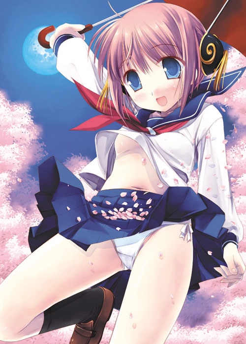 miyasu risa, kagura (gintama), gintama, 00s, bun cover, cherry blossoms, double bun, panties, school uniform, serafuku, side-tie panties, underwear