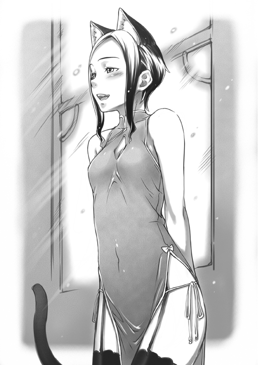 sakura kotetsu, animal ears, cat ears, china dress, chinese clothes, dress, greyscale, monochrome, panties, side-tie panties, solo, thighhighs, underwear
