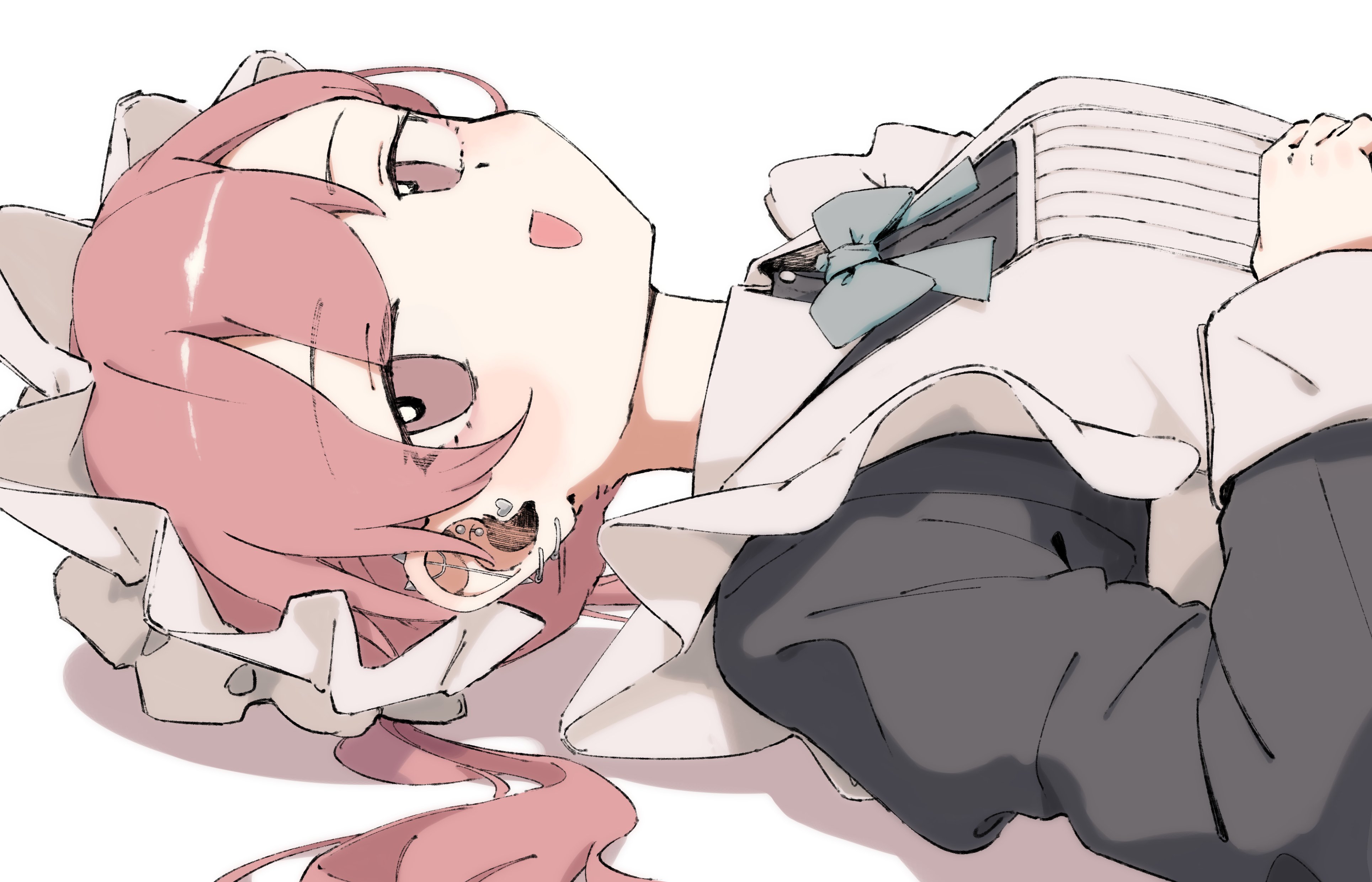 nanoni!, original, absurdres, highres, 1girl, :d, apron, black dress, blush, bow, bowtie, dress, green bow, green bowtie, long hair, long sleeves, looking at viewer, lying, maid, maid headdress, on back, open mouth, red eyes, red hair, simple background, smile, solo, upper body, white apron, white background