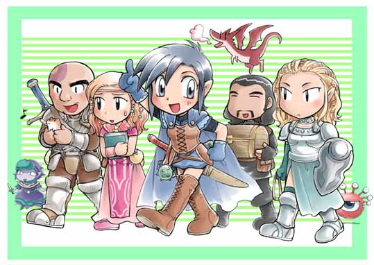 yoshimo, aerie, jaheira, minsc, baldur's gate, baldur's gate 2, translated, 2boys, 4girls, animification, black hair, chibi, comic, elf, fantasy, multiple boys, multiple girls, pointy ears, sword, thighhighs, weapon