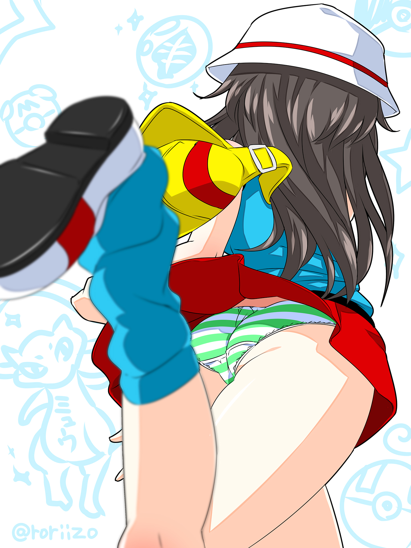 roriizo, leaf (pokemon), mew (pokemon), nintendo, pokemon, pokemon frlg, 1girl, animal, ass, bag, blue shirt, blue socks, brown hair, cat, energy (pokemon tcg), from behind, gen 1 pokemon, hat, lace, lace-trimmed panties, lace trim, leaning forward, legendary pokemon, long hair, loose socks, master ball, mythical pokemon, panties, poke ball, pokemon (creature), red skirt, shirt, shoes, skirt, socks, sparkle, standing, standing on one leg, star (symbol), striped clothes, striped panties, tank top, throwing, ultra ball, underwear, white background, white hat, white panties, white shoes, wind, wind lift