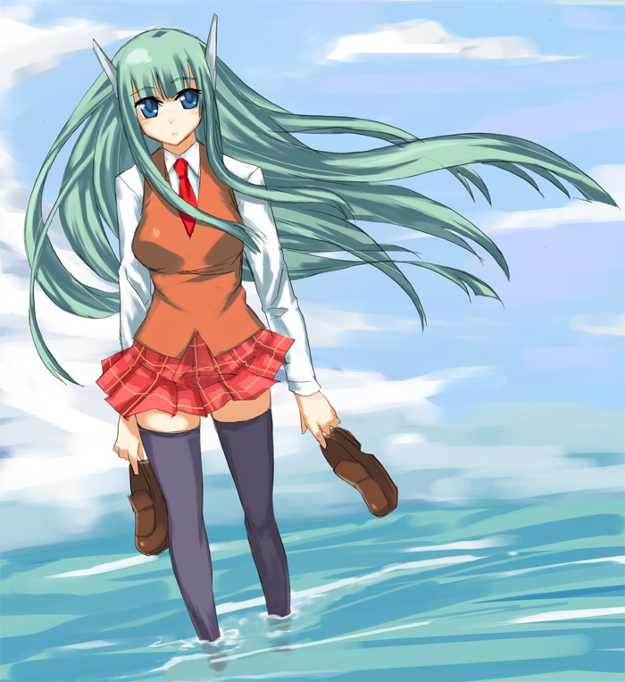 regu (reg95), karakuri chachamaru, mahou sensei negima!, 00s, blue eyes, green hair, long hair, plaid clothes, plaid skirt, robot ears, school uniform, serafuku, skirt, solo, thighhighs, zettai ryouiki