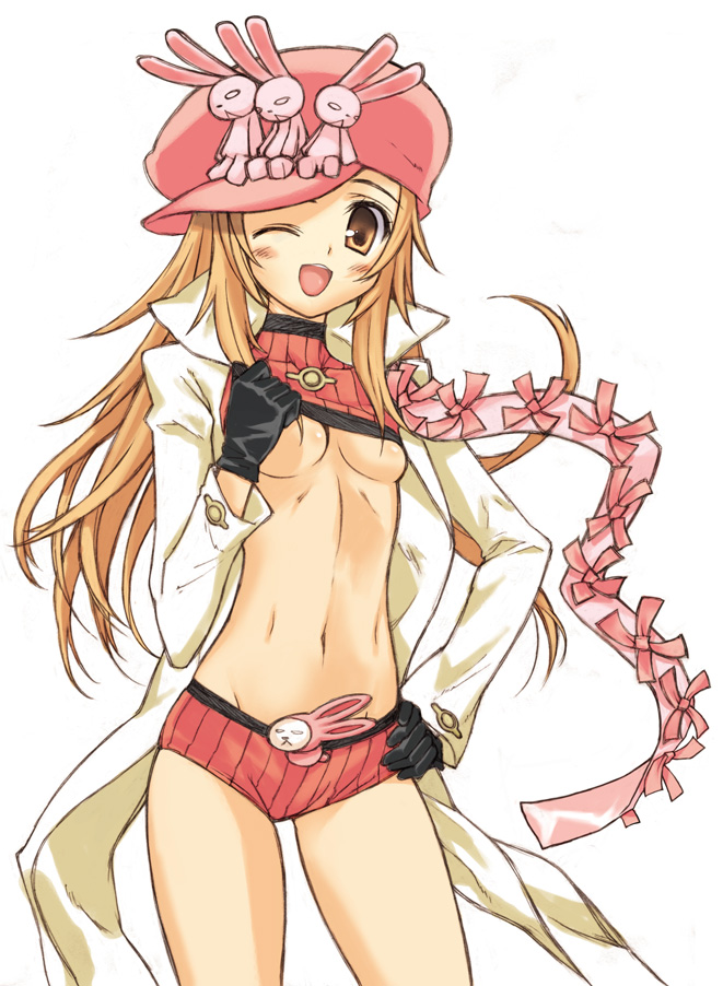 bonza, lisher, summon night, summon night 4, striped, 1girl, blush, breasts, brown eyes, brown hair, clothes lift, female focus, flat chest, gloves, hand on own hip, happy, hat, hip focus, jacket, long hair, midriff, navel, no bra, one eye closed, open mouth, orange eyes, orange hair, rabbit, ribbon, shirt lift, short shorts, shorts, small breasts, smile, solo, standing, turtleneck, underboob, wink