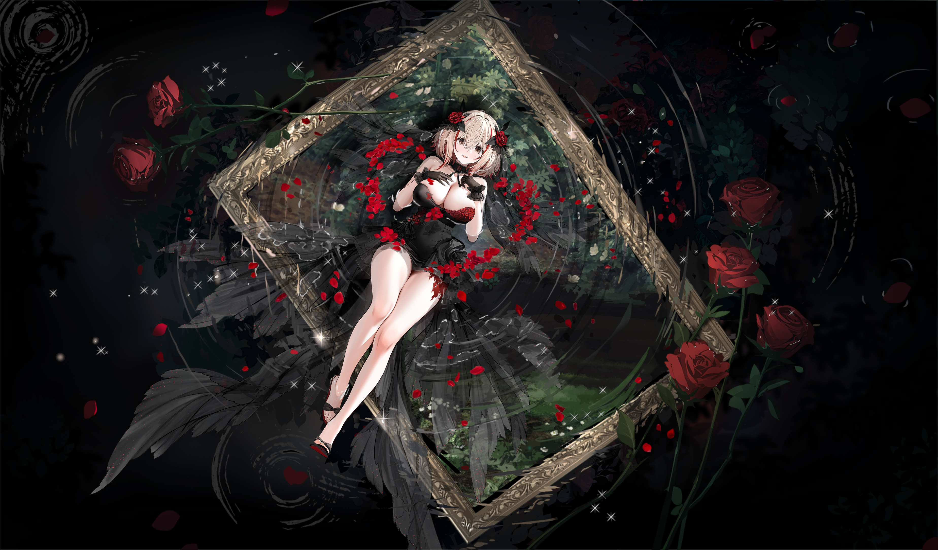 roon (azur lane), roon (the abyssal embrace) (azur lane), azur lane, absurdres, artist request, highres, non-web source, official art, 1girl, bare shoulders, black dress, black gloves, blonde hair, breasts, cleavage, dress, flower, gloves, hair flower, hair ornament, large breasts, looking at viewer, multicolored hair, official alternate costume, red flower, red hair, red rose, red streaks, rose, short dress, short hair, solo, wedding dress