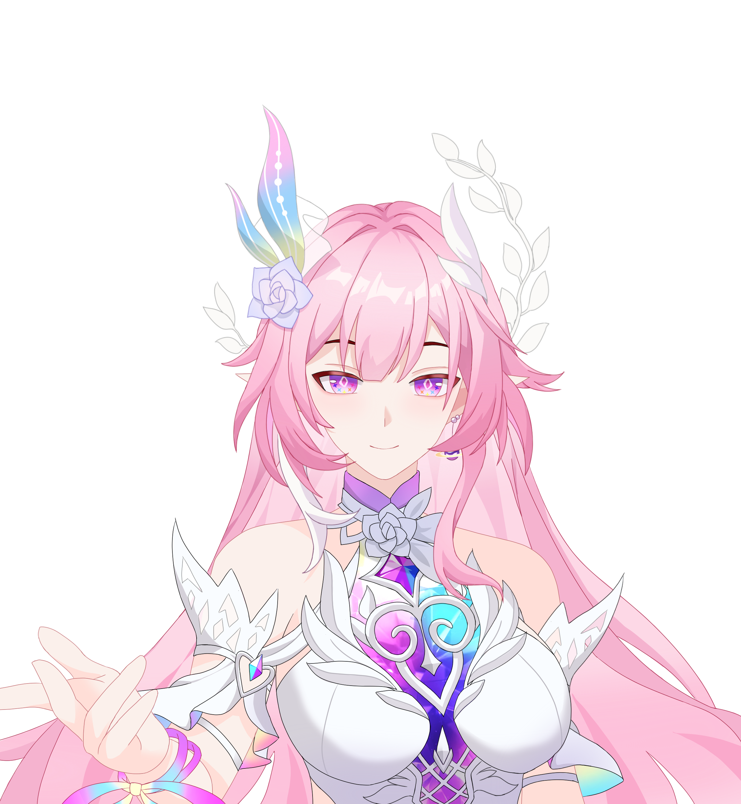 cyrene (honkai: star rail), cyrene (ripples of past reverie) (honkai: star rail), honkai: star rail, honkai (series), absurdres, chinese commentary, commentary request, highres, 1girl, bare shoulders, breasts, detached sleeves, diamond-shaped pupils, diamond (shape), earrings, elf, flower, hair flower, hair ornament, halo, jewelry, large breasts, long hair, looking at viewer, pink hair, pointy ears, purple eyes, reaching, reaching towards viewer, simple background, smile, solo, symbol-shaped pupils, very long hair, white background, zhong ye zhongdu yilai