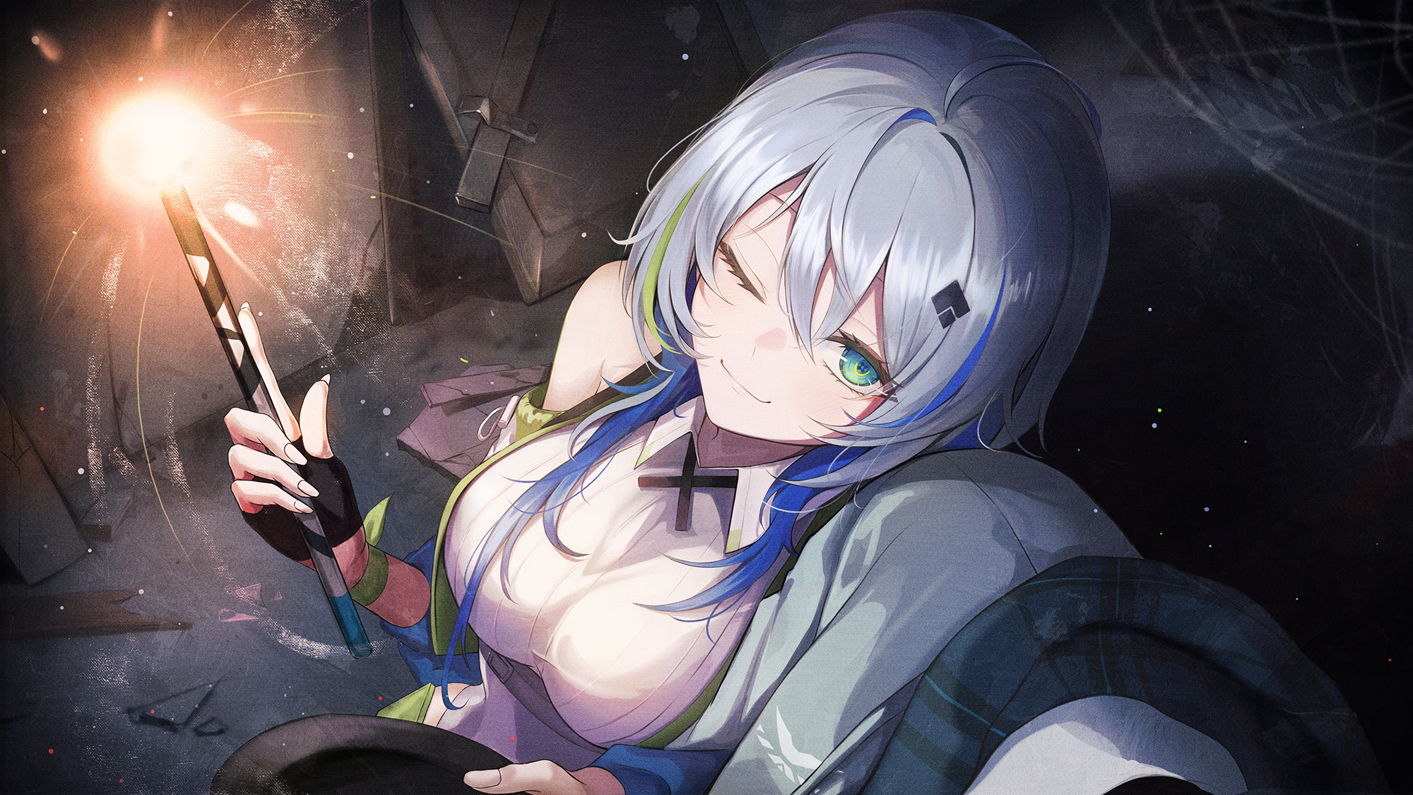 gongha, nana (chasing kaleidorider), chasing kaleidorider, commentary request, highres, mixed-language commentary, 1girl, 1other, bare shoulders, black gloves, blue hair, breasts, closed mouth, collared shirt, fingerless gloves, fireworks, gloves, gradient eyes, green eyes, grey hair, hair ornament, hand up, hat, holding, holding unworn clothes, holding unworn hat, holding wand, large breasts, leaning on person, light particles, long hair, looking at viewer, multicolored eyes, multicolored hair, navigator (chasing kaleidorider), one eye closed, shirt, silk, smile, sparkler, spider web, streaked hair, unworn hat, unworn headwear, wand, white shirt