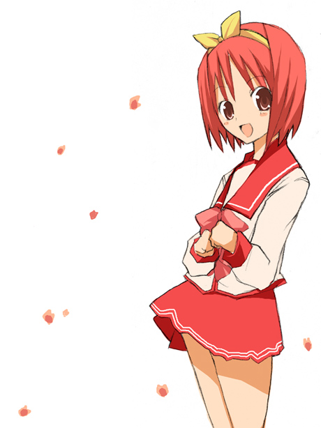 maro nie, kamigishi akari, to heart, to heart (series), 1girl, :d, bow, bowtie, cherry blossoms, female focus, hair bow, long sleeves, open mouth, own hands together, petals, pink bow, pleated skirt, red bow, red bowtie, red eyes, red hair, red skirt, sailor collar, school uniform, serafuku, shirt, short hair, skirt, smile, solo, standing, white shirt, yellow bow
