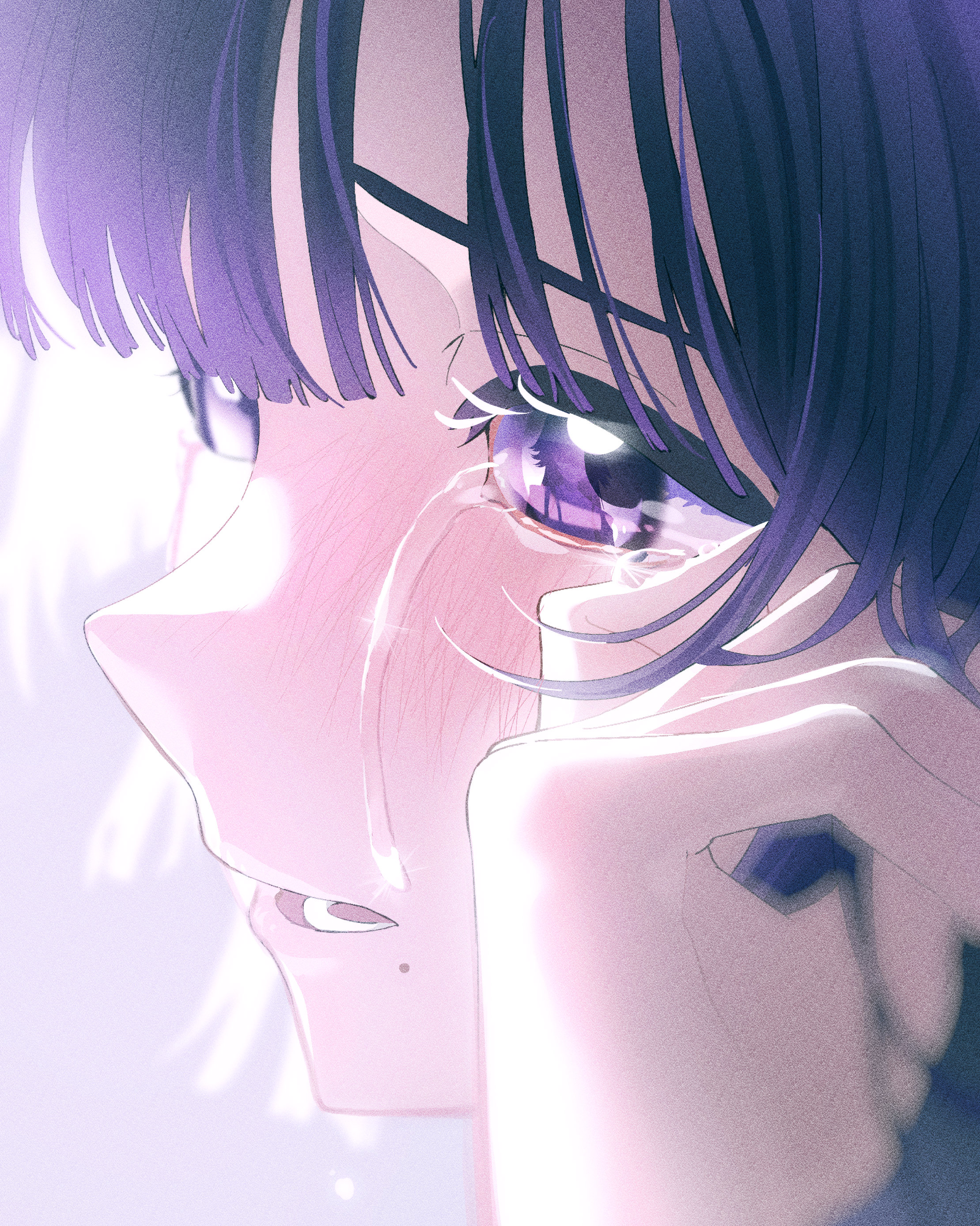 erimaki (erimaki2340061), hataya misuzu, tsukimura temari, gakuen idolmaster, idolmaster, absurdres, commentary request, highres, 1girl, :o, blush, eye reflection, looking at another, mole, mole under mouth, purple eyes, purple hair, reflection, tears