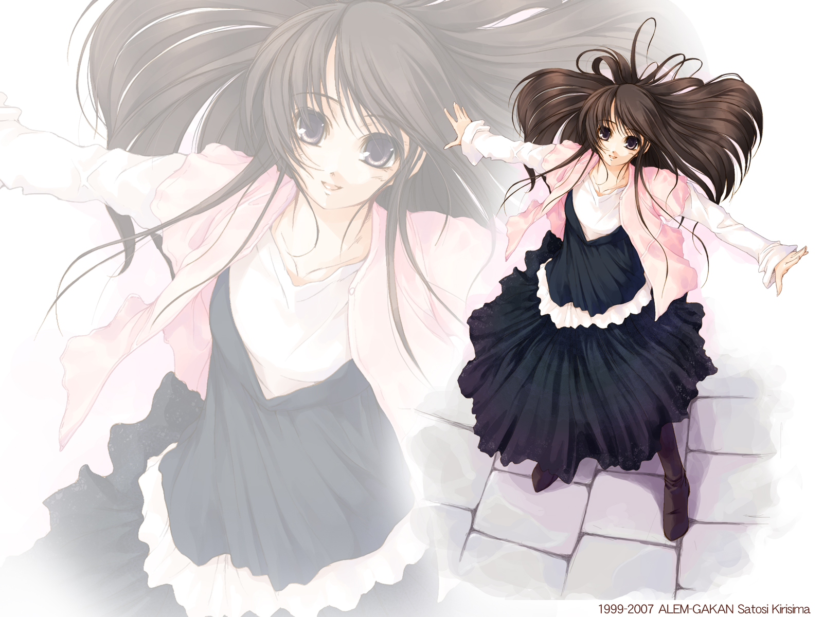 kirishima satoshi, original, black legwear, highres, 1girl, artist name, black shoes, brown eyes, brown hair, dress, female focus, from above, jacket, long hair, long sleeves, looking at viewer, outstretched arms, projected inset, shoes, solo, spread arms, standing, zoom layer
