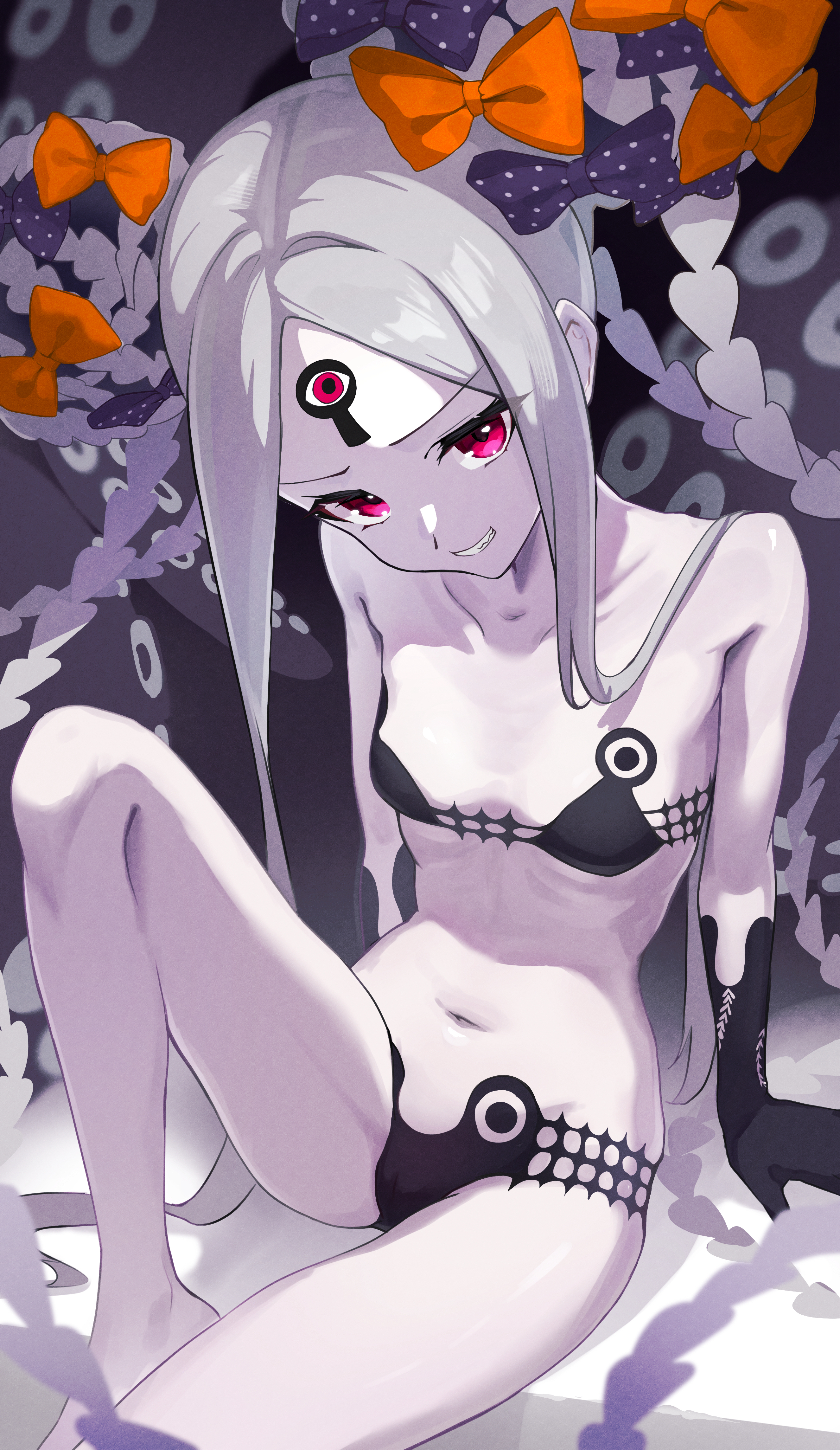 shafurakafusha, abigail williams (fate), abigail williams (swimsuit foreigner) (first ascension) (fate), fate/grand order, fate (series), abigail williams (swimsuit foreigner) (fate), absurdres, highres, 1girl, bare shoulders, bikini, black bikini, black bow, black hands, bow, breasts, collarbone, colored extremities, colored skin, double bun, forehead, grin, hair bow, hair bun, keyhole, long hair, looking at viewer, navel, orange bow, parted bangs, red eyes, sidelocks, sitting, small breasts, smile, solo, swimsuit, tentacles, thighs, third eye, twintails, very long hair, white hair, white skin