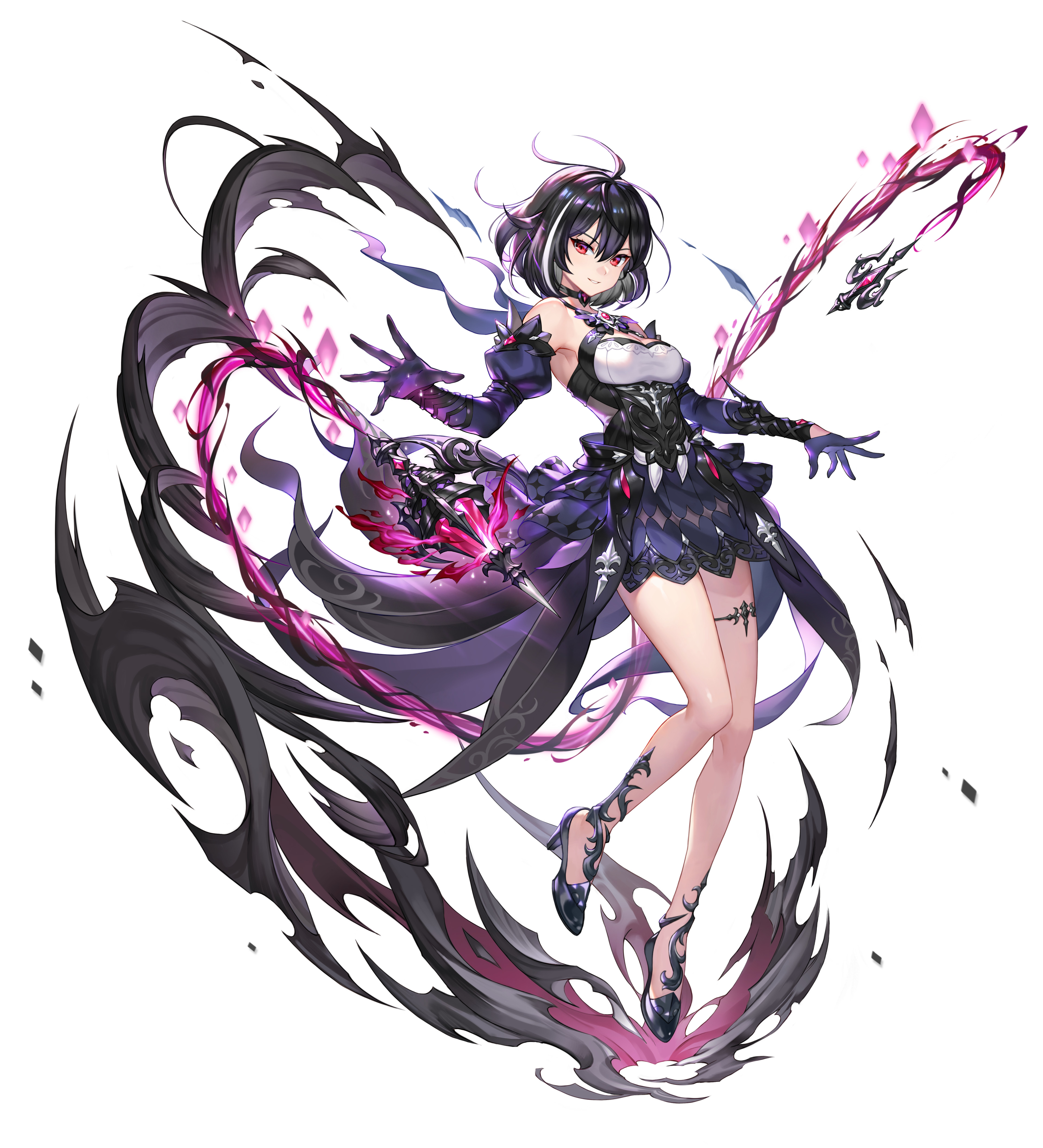 xerah (king's raid), king's raid, absurdres, commentary, highres, official art, 1girl, bare legs, black choker, black gloves, black hair, black shoes, black sleeves, breasts, choker, detached sleeves, dress, floating, floating clothes, floating hair, full body, gem, gloves, half gloves, high heels, jewelry, juliet sleeves, lolco, long sleeves, magic, medium breasts, medium hair, puffy sleeves, red eyes, red gemstone, shoes, short dress, simple background, smile, solo, thighlet, white background