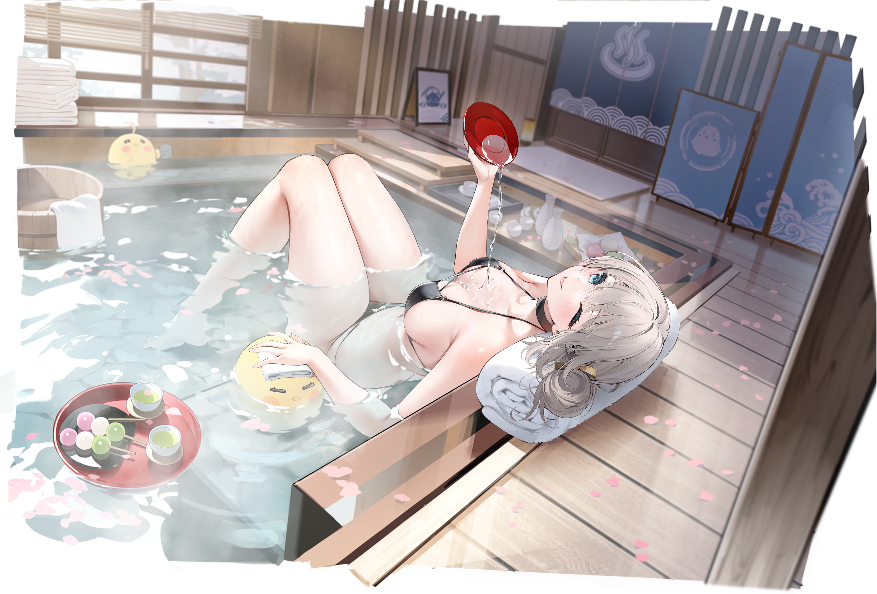 denver (azur lane), denver (steam dream) (azur lane), manjuu (azur lane), azur lane, absurdres, artist request, highres, non-web source, official art, 1girl, bikini, bird, black bikini, breasts, cup, dango, food, hair intakes, holding, knees up, looking at viewer, medium breasts, medium hair, o-ring, o-ring bikini, o-ring top, official alternate costume, one eye closed, partially submerged, petals, swimsuit, tea, thighs, tongue, tongue out, towel, wagashi, wooden floor