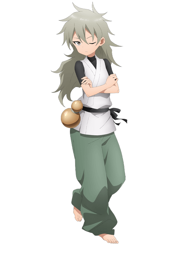 okuda yousuke, oniyuri (kunoichi tsubaki no mune no uchi), kunoichi tsubaki no mune no uchi, official art, 1girl, anime coloring, black sash, breasts, closed mouth, crossed arms, flat chest, full body, gourd, green hair, green pants, hair between eyes, japanese clothes, kimono, leg up, long hair, looking at viewer, ninja, one eye closed, pants, sash, sharp teeth, short sleeves, simple background, solo, standing, standing on one leg, tachi-e, teeth, toenails, toes, transparent background, tsurime, white kimono