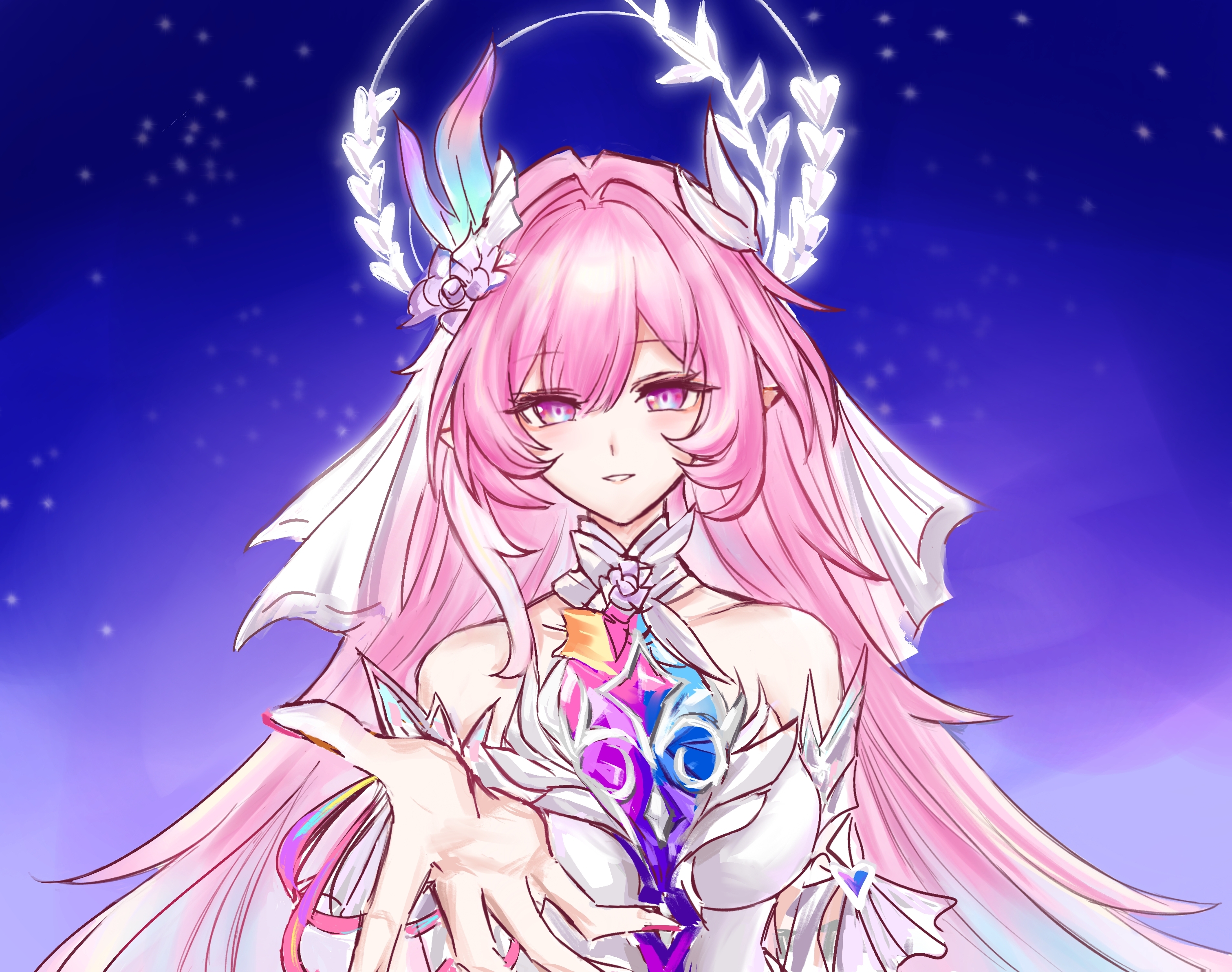 feng xin ta (emilydale334), cyrene (honkai: star rail), cyrene (ripples of past reverie) (honkai: star rail), honkai: star rail, honkai (series), chinese commentary, commentary request, highres, 1girl, bare shoulders, blue sky, breasts, bridal veil, detached sleeves, diamond-shaped pupils, diamond (shape), dress, flower, hair flower, hair ornament, halo, large breasts, long hair, looking at viewer, pink hair, pointy ears, purple eyes, reaching, reaching towards viewer, sky, smile, solo, star (sky), starry sky, symbol-shaped pupils, veil, very long hair, white dress